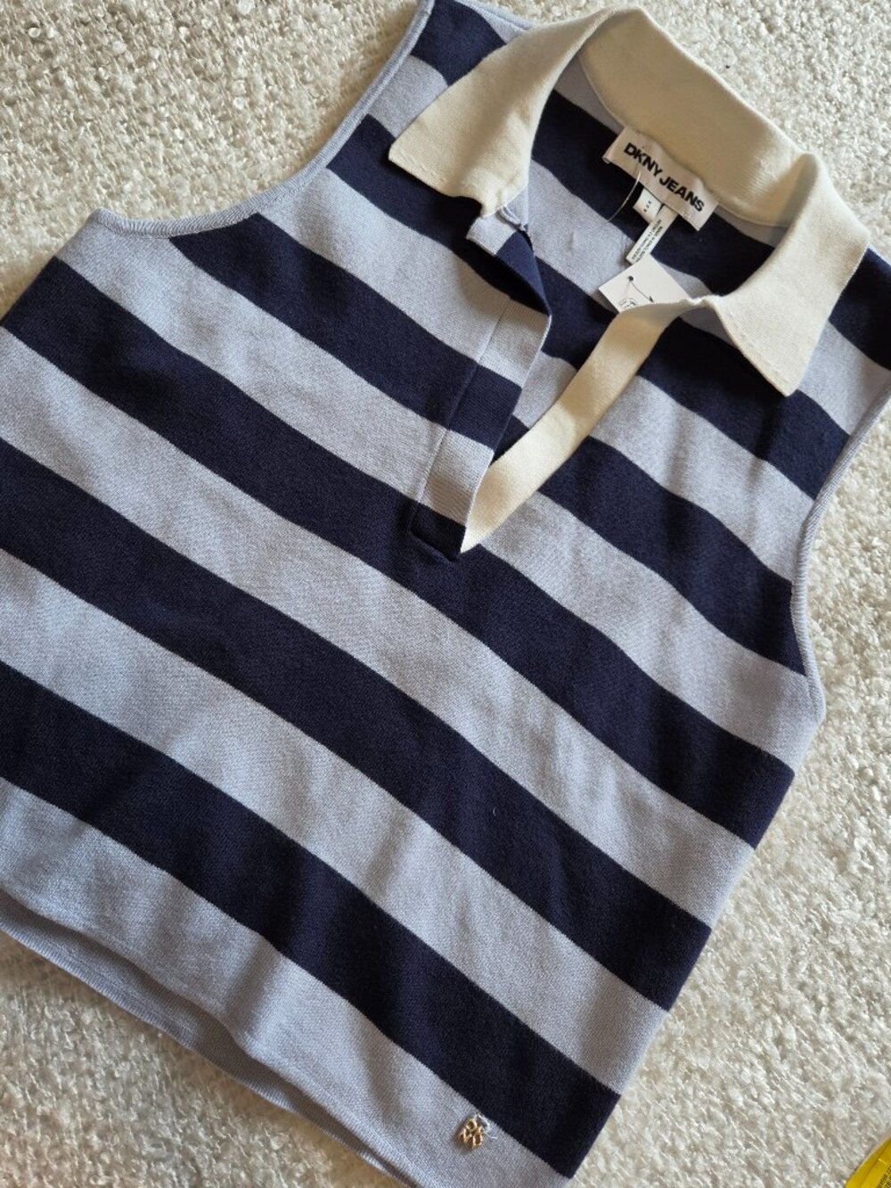 DKNY Womens Striped Nautical Sleeveless Collared Knit Top Shirt Sz M Blue